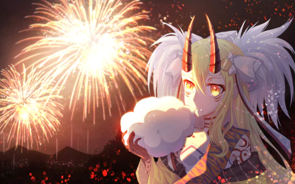 Ibaraki Douji (Fate/Grand Order) anime character eating cotton candy as fireworks burst overhead — 2K Quad HD PC desktop wallpaper/background.
