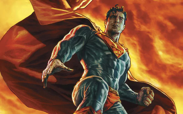 A striking HD wallpaper featuring Clark Kent as Superman, showcasing the hero in a powerful pose against a dramatic fiery backdrop, embodying the essence of DC Comics.