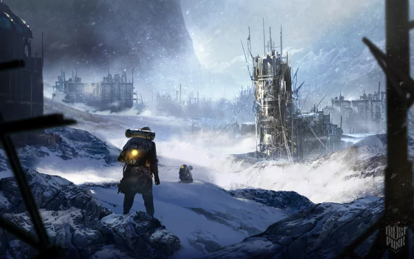 HD PC desktop wallpaper featuring a snowy, dystopian landscape from the video game Frostpunk, with a lone figure braving the icy wilderness near a towering structure.
