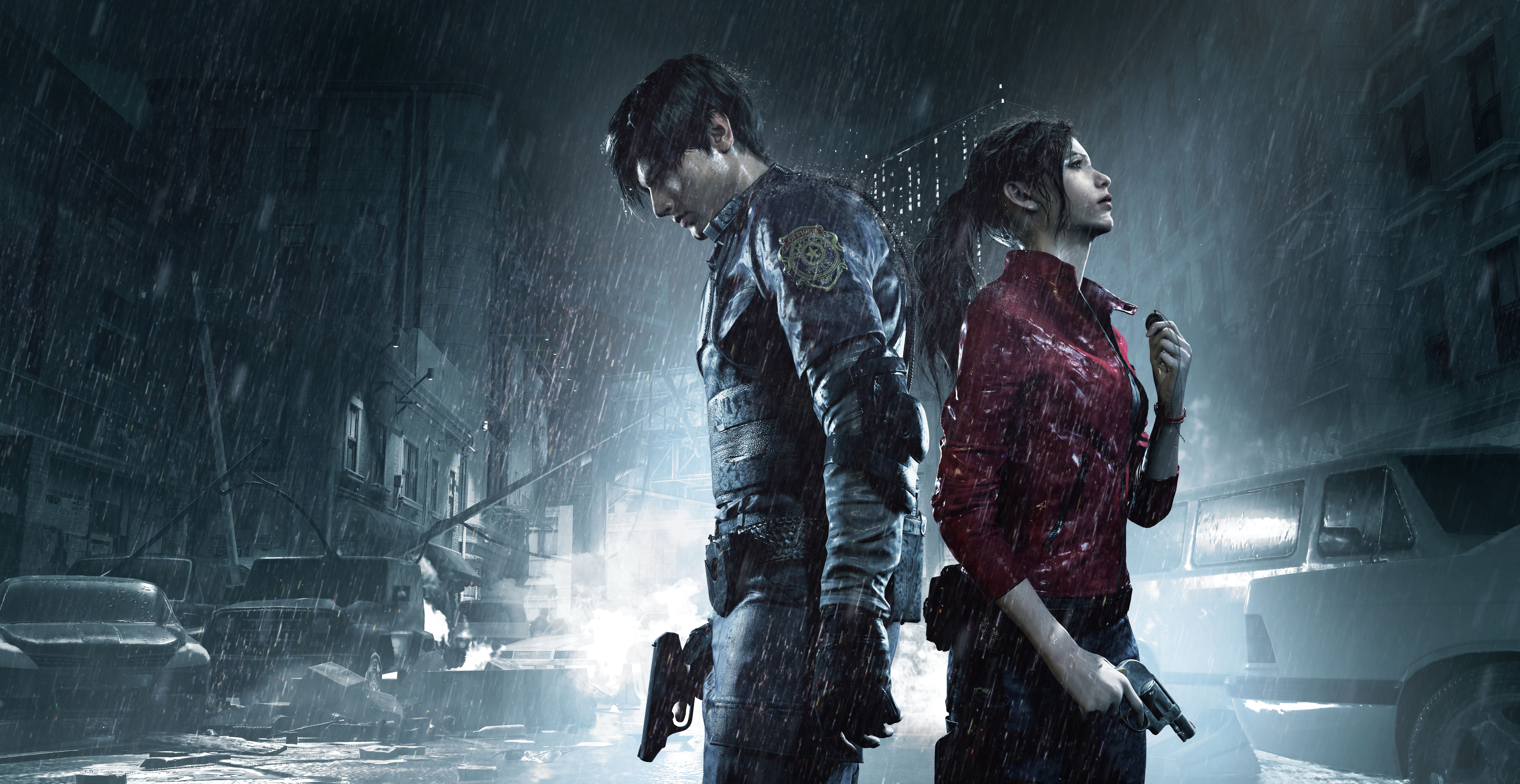 Claire Redfield and Leon S. Kennedy stand back-to-back in a rain-soaked city, armed and ready, in this HD Resident Evil 2 (2019) wallpaper.