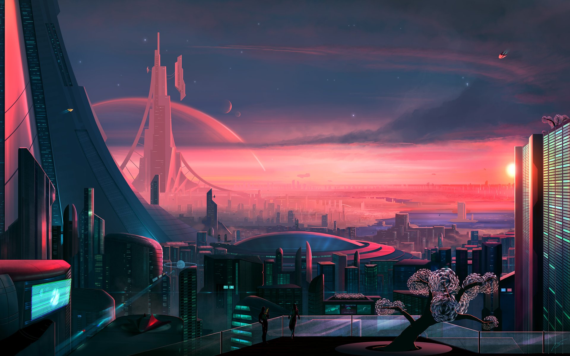 HD desktop wallpaper depicting a futuristic sci-fi cityscape with towering buildings, advanced architecture, and a glowing sunset backdrop.