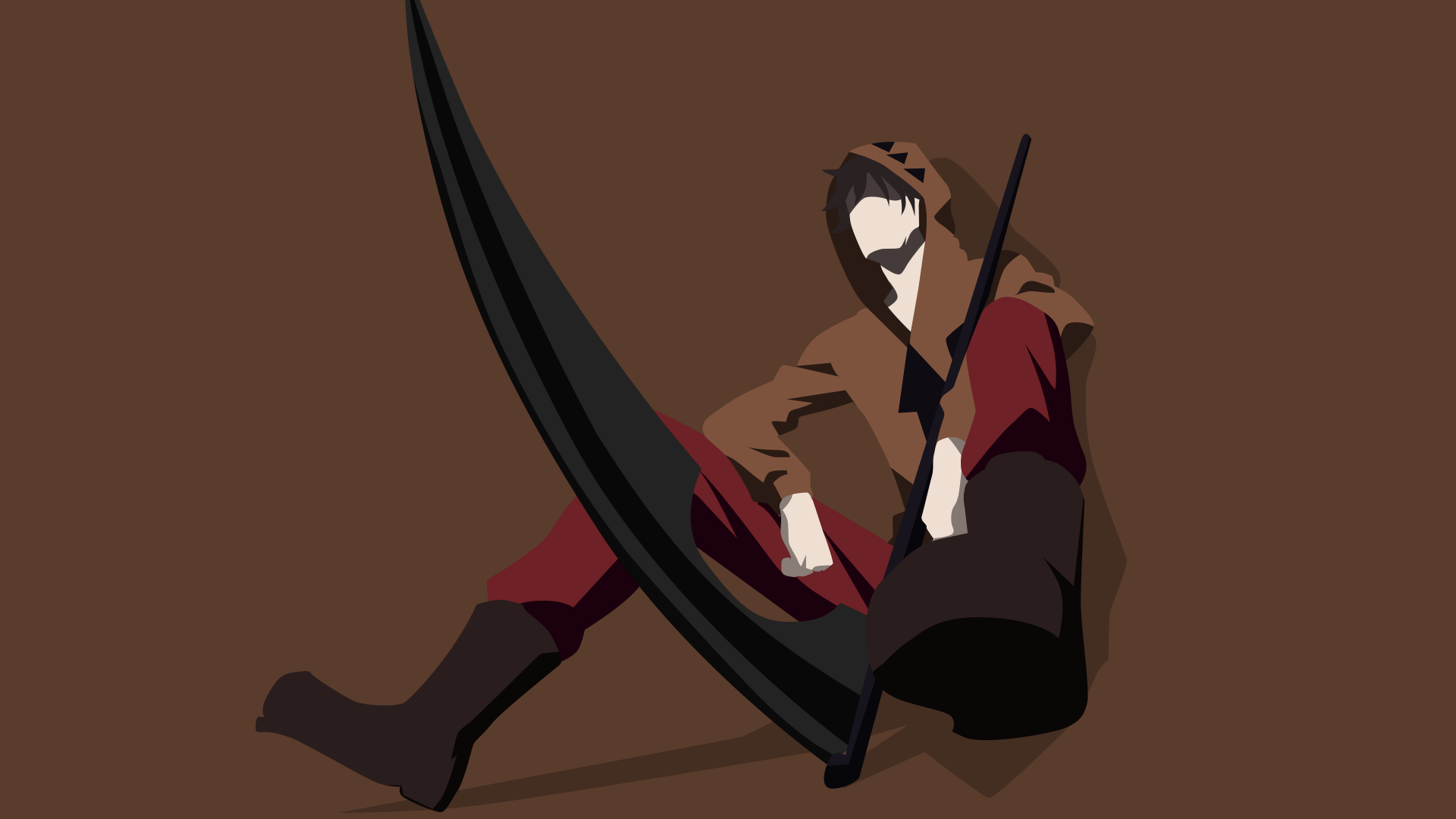 Minimalist 4K Ultra HD wallpaper featuring Zack from the anime Angels of Death, holding a large scythe against a solid brown background.