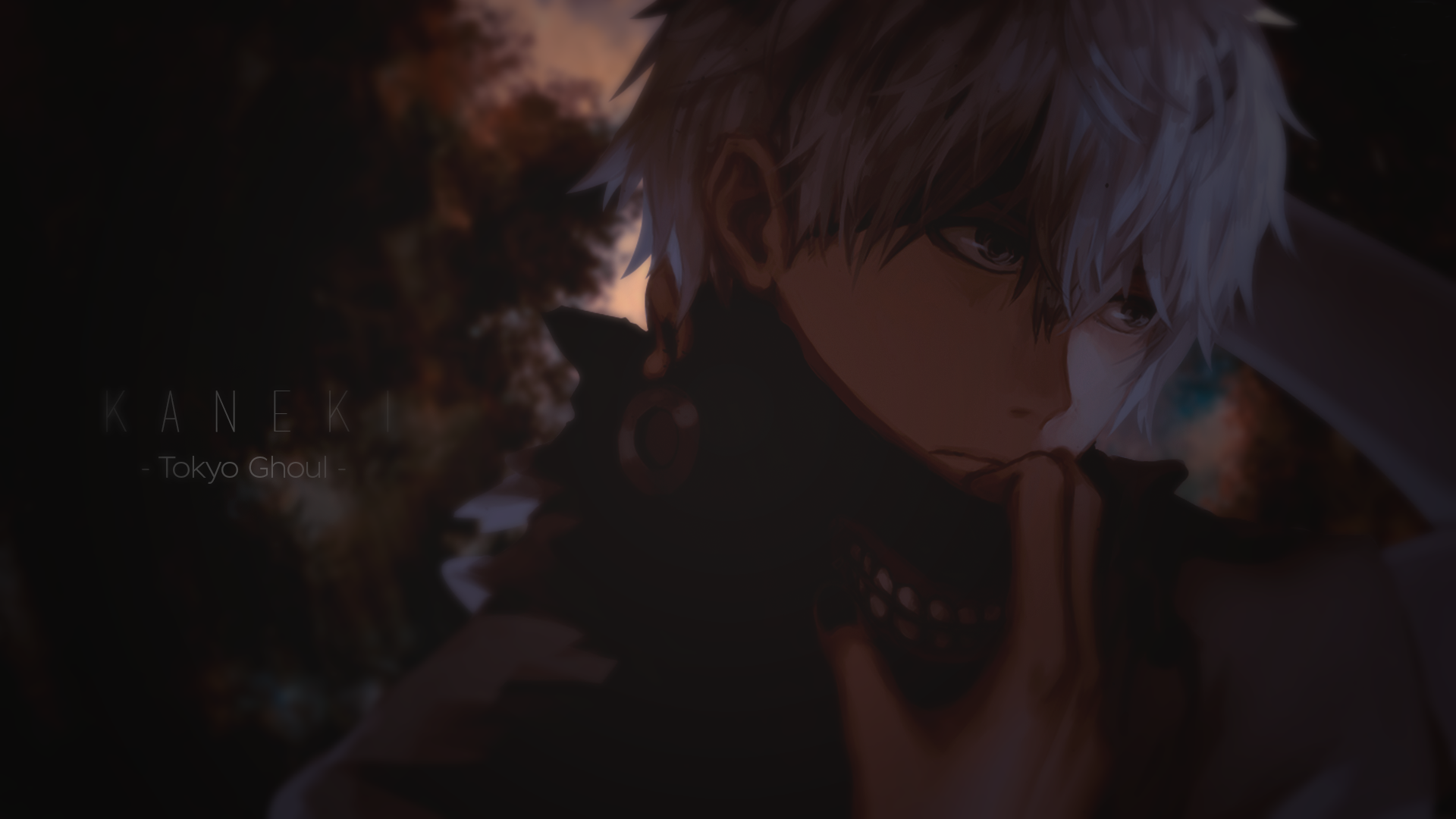 HD PC desktop wallpaper featuring Ken Kaneki from the anime Tokyo Ghoul, showcasing a dark, intense atmosphere with dramatic lighting.