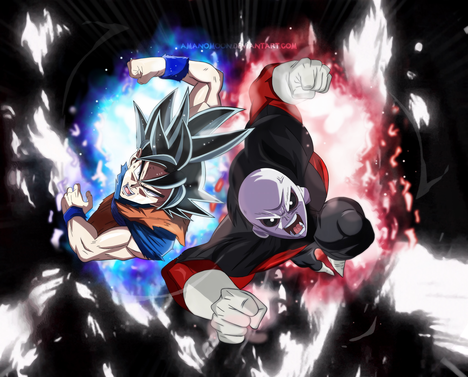 HD desktop wallpaper featuring Goku in Ultra Instinct and Jiren from Dragon Ball Super, showcasing an intense action scene between the two characters with dramatic energy effects in the background.