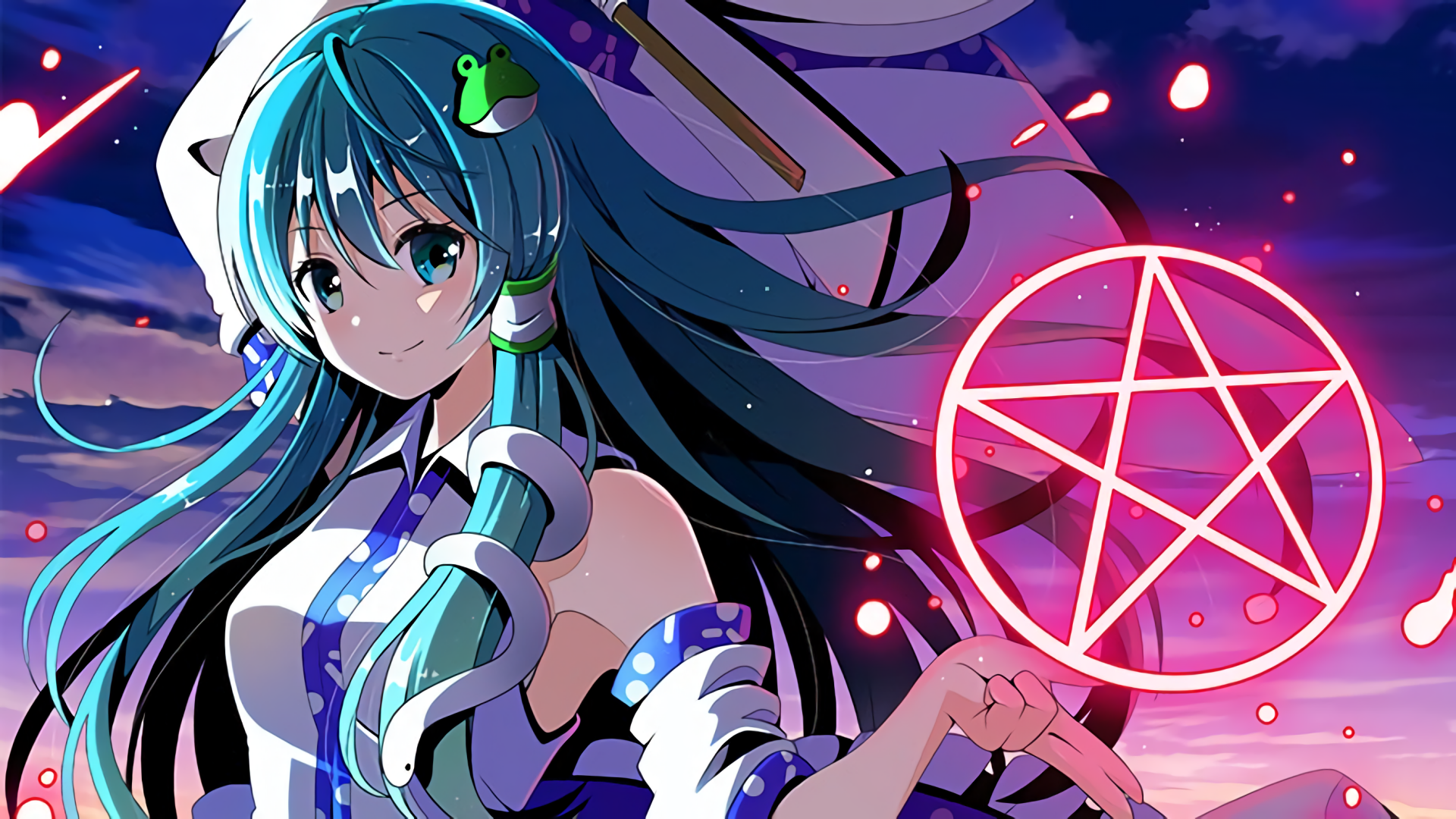 HD anime desktop wallpaper featuring Sanae Kochiya from Touhou, showcasing her with flowing teal hair and a glowing pink pentagram against a vibrant nighttime background.