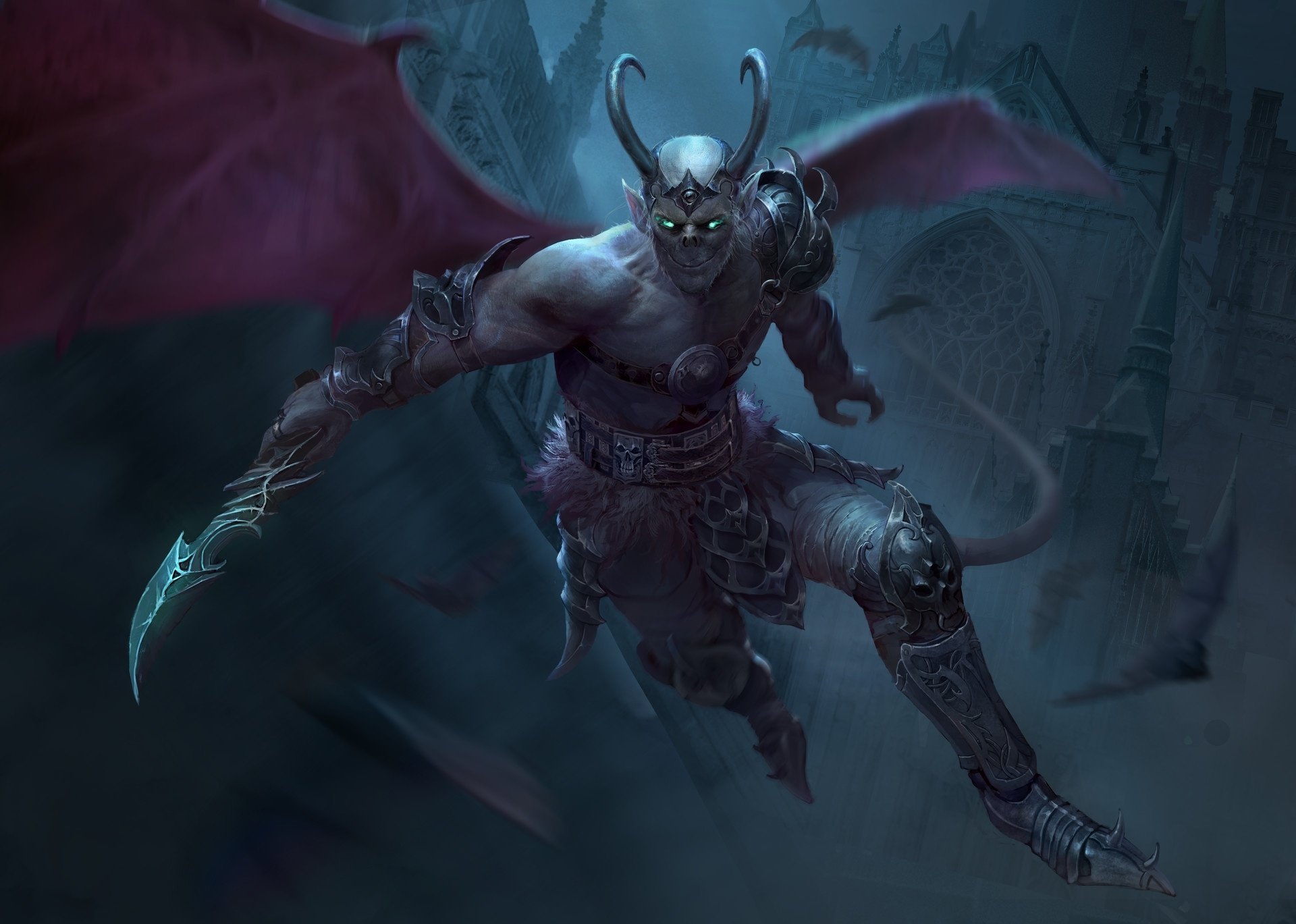 HD PC desktop wallpaper featuring a dark demon with glowing eyes, prominent horns, and large wings, set against a shadowy, ominous background.