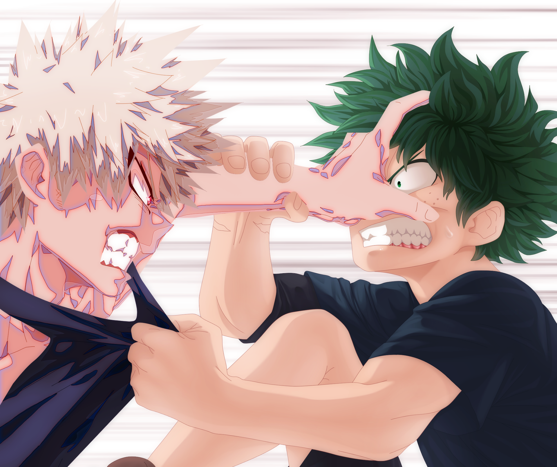 HD PC desktop wallpaper of My Hero Academia: Katsuki Bakugou and Izuku Midoriya in a tense close-up, clenching teeth and grabbing each other's shirts in a fierce anime confrontation.