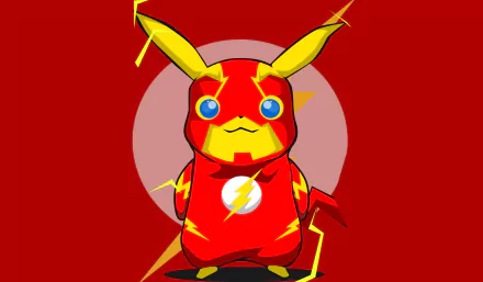 Minimalist anime-themed HD wallpaper featuring Pikachu dressed as The Flash from Pokémon against a red background.