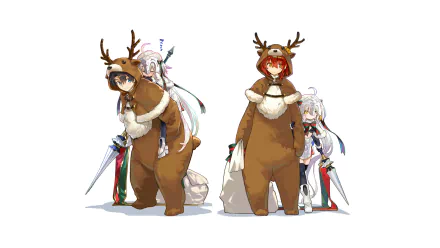 HD PC desktop wallpaper featuring Fujimaru Ritsuka and Jeanne d'Arc Alter Santa Lily from the anime Fate/Grand Order, both dressed in festive reindeer outfits.