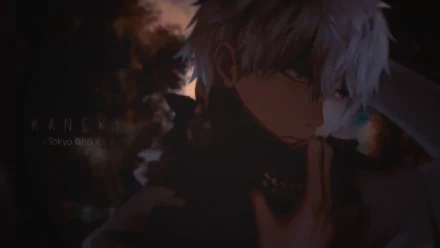 HD PC desktop wallpaper featuring Ken Kaneki from the anime Tokyo Ghoul, showcasing a dark, intense atmosphere with dramatic lighting.