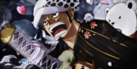 4K Ultra HD anime wallpaper featuring Bepo and Trafalgar Law from One Piece in dynamic action poses with vibrant colors and detailed shading.