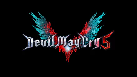 HD PC desktop wallpaper featuring the Devil May Cry 5 logo with distinct red and blue wing-like elements, representing the video game’s dynamic and dark aesthetic.