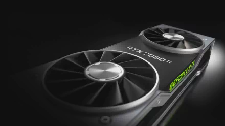 Close-up HD image of an NVIDIA GeForce RTX 2080 Ti graphics card, highlighting its dual-fan design and sleek technology features against a dark background.