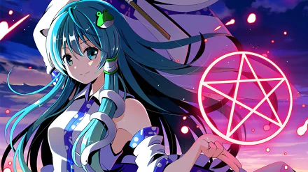 HD anime desktop wallpaper featuring Sanae Kochiya from Touhou, showcasing her with flowing teal hair and a glowing pink pentagram against a vibrant nighttime background.