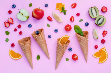 5K Ultra HD PC desktop wallpaper: still-life food arrangement of empty waffle cones and scattered fruit—strawberries, blueberries, kiwi, apple and orange—on a pink background.