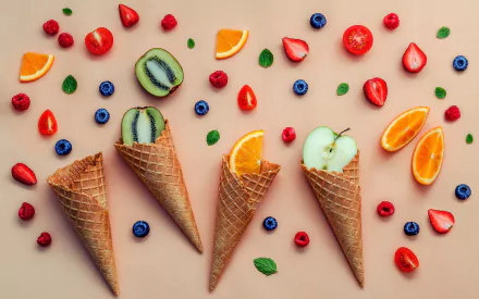 A vibrant 4K Ultra HD still life desktop wallpaper featuring colorful fresh fruit arranged with waffle cones on a soft beige background.