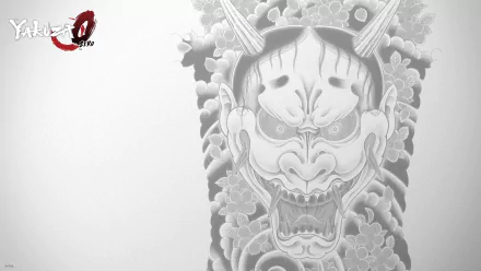 Grayscale 4K Ultra HD PC wallpaper showing a Hannya demon mask tattoo motif from the video game Yakuza 0 (Takuza 0), framed by an ornate floral background.