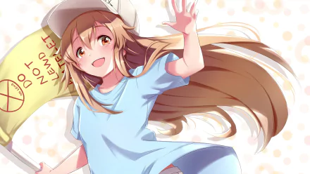HD anime desktop wallpaper featuring Platelet from Cells at Work! with a cheerful expression and outstretched hand, set against a soft polka dot background.
