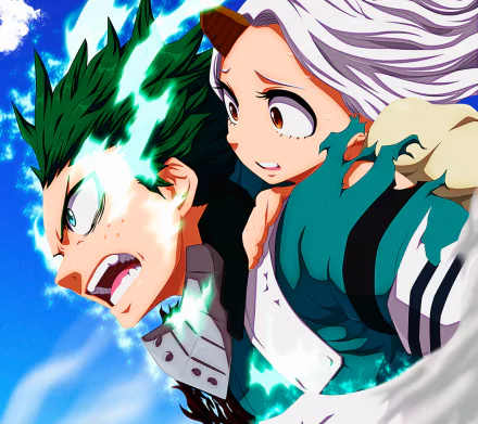 HD PC desktop wallpaper featuring Izuku Midoriya and Eri from the anime My Hero Academia in an intense, dynamic moment.