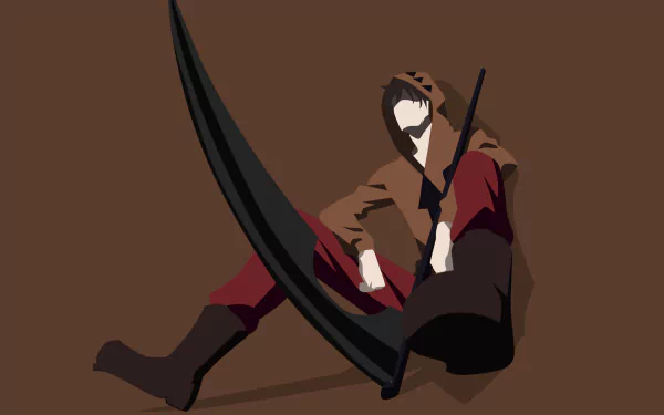 Minimalist 4K Ultra HD wallpaper featuring Zack from the anime Angels of Death, holding a large scythe against a solid brown background.