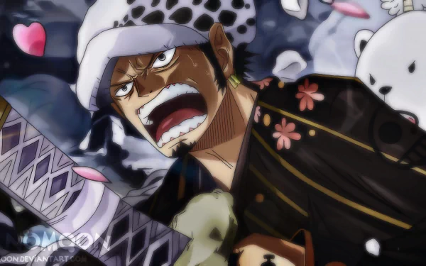 4K Ultra HD anime wallpaper featuring Bepo and Trafalgar Law from One Piece in dynamic action poses with vibrant colors and detailed shading.