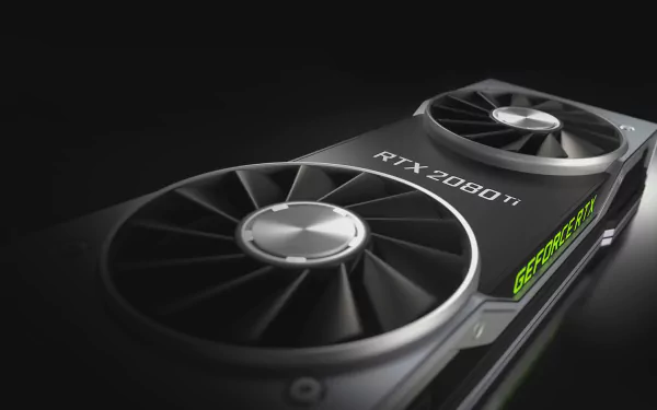 Close-up HD image of an NVIDIA GeForce RTX 2080 Ti graphics card, highlighting its dual-fan design and sleek technology features against a dark background.