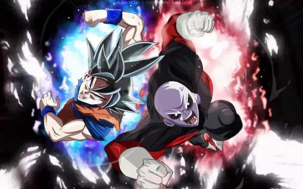 HD desktop wallpaper featuring Goku in Ultra Instinct and Jiren from Dragon Ball Super, showcasing an intense action scene between the two characters with dramatic energy effects in the background.