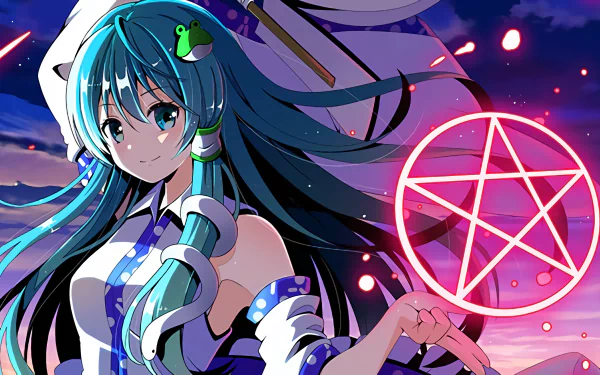 HD anime desktop wallpaper featuring Sanae Kochiya from Touhou, showcasing her with flowing teal hair and a glowing pink pentagram against a vibrant nighttime background.