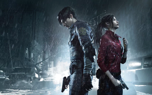 Claire Redfield and Leon S. Kennedy stand back-to-back in a rain-soaked city, armed and ready, in this HD Resident Evil 2 (2019) wallpaper.