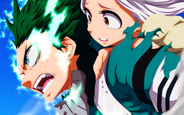 HD PC desktop wallpaper featuring Izuku Midoriya and Eri from the anime My Hero Academia in an intense, dynamic moment.