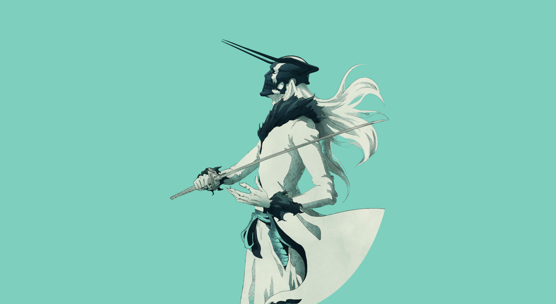 4K Ultra HD anime wallpaper featuring Hollow Ichigo from Bleach, depicted with white hair and wielding a sword against a solid teal background.