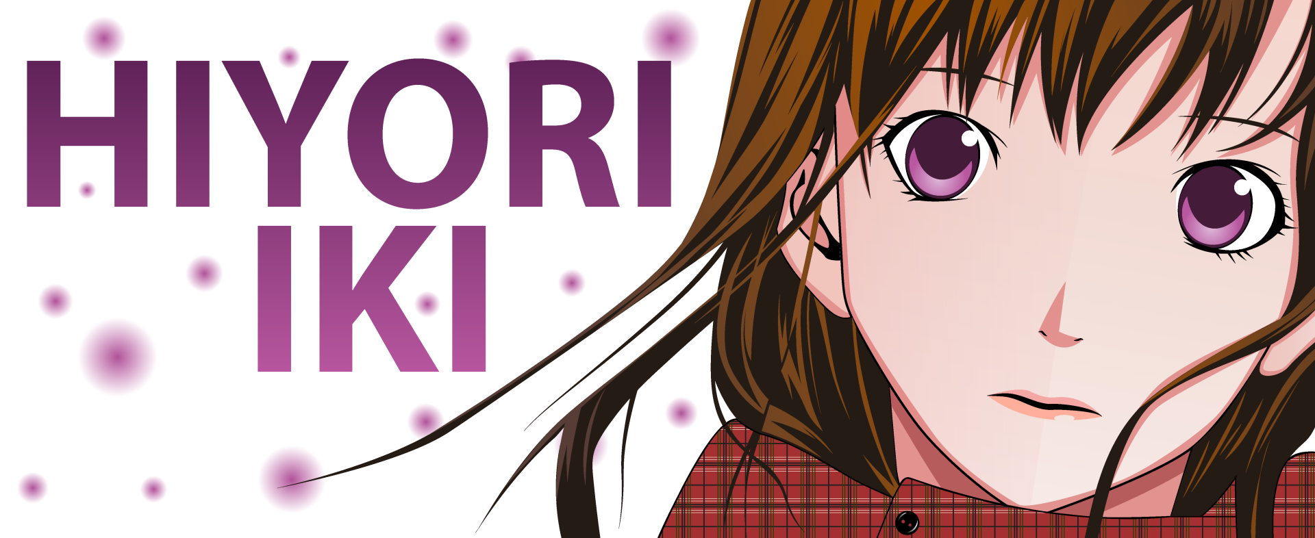 Close-up anime portrait of Hiyori Iki from Noragami — half face, purple eye, brown hair, red plaid shirt; 4K Ultra HD PC desktop wallpaper with stylized text.