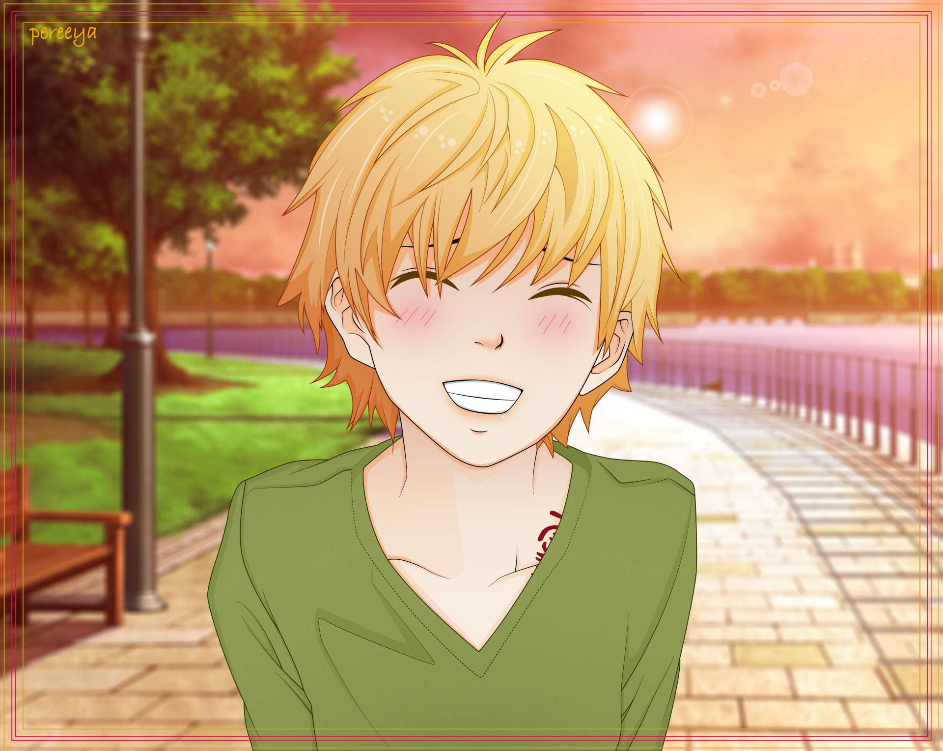 Yukine (Noragami) smiling with blush on a sunlit park path at sunset — anime 8K Ultra HD PC wallpaper/background.