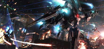 A stunning HD wallpaper featuring a futuristic sci-fi city at night, with an intense battle scene involving anime-style mechs. Fiery explosions and dynamic lighting enhance the action-packed atmosphere.