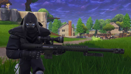 HD desktop wallpaper featuring a sniper character from Fortnite Battle Royale, set against a backdrop of lush green fields and a village under a dramatic, cloudy sky.