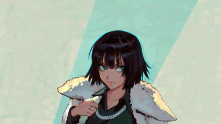 Minimalist HD anime wallpaper featuring Fubuki from One-Punch Man with black hair, striking green eyes, and a white fur-collared coat against a soft blue background.