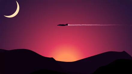 A minimalist HD wallpaper featuring a military airplane soaring against a vibrant sunset backdrop, complemented by a crescent moon and silhouetted mountains.
