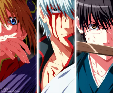 HD PC desktop wallpaper featuring Shimura Shinpachi, Kagura, and Gintoki Sakata from the anime Gintama, showcasing intense expressions and dynamic close-ups.