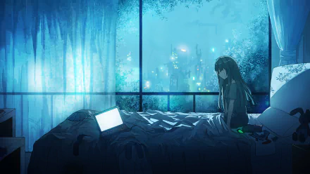Anime-themed HD desktop wallpaper featuring an original scene of a girl sitting on a bed in a dimly lit room, with a glowing laptop and a cityscape visible through large windows.