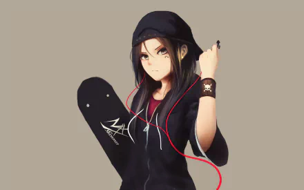 Anime girl with black hair, wearing a cap and holding a skateboard, uses earbuds; serves as HD desktop wallpaper.