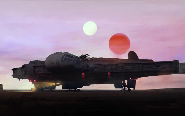 The HD wallpaper features the Millennium Falcon with C-3PO and R2-D2 in a stunning sci-fi setting from Star Wars, under the glow of two suns against a beautiful sky.