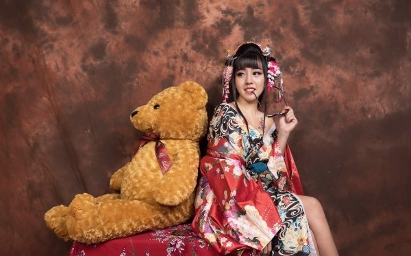 Women Asian Model Teddy Bear Stuffed Animal Kimono Smile Brunette HD Wallpaper | Background Image