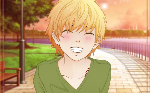 Yukine (Noragami) smiling with blush on a sunlit park path at sunset — anime 8K Ultra HD PC wallpaper/background.