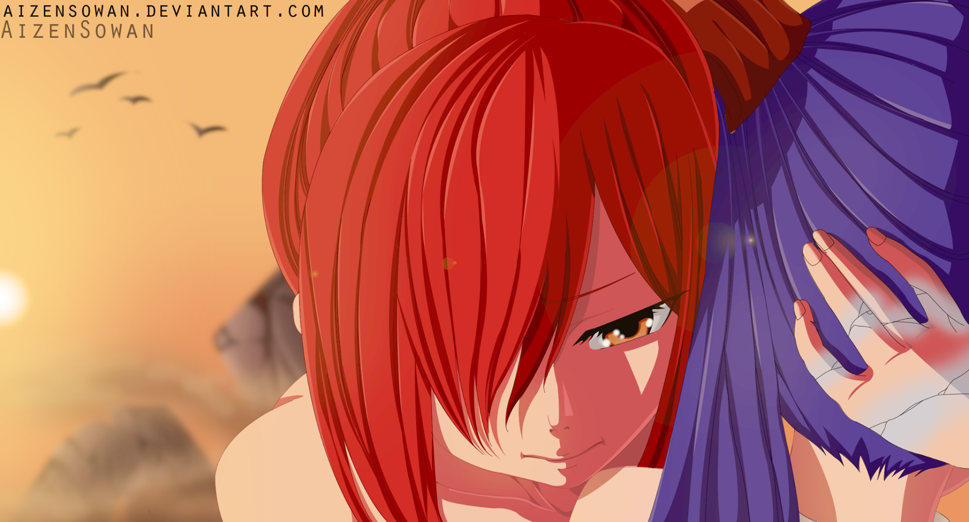 HD PC desktop wallpaper of Fairy Tail characters Erza Scarlet and Wendy Marvell; Erza's red hair frames her face as she leans close to Wendy against a warm sunset backdrop.