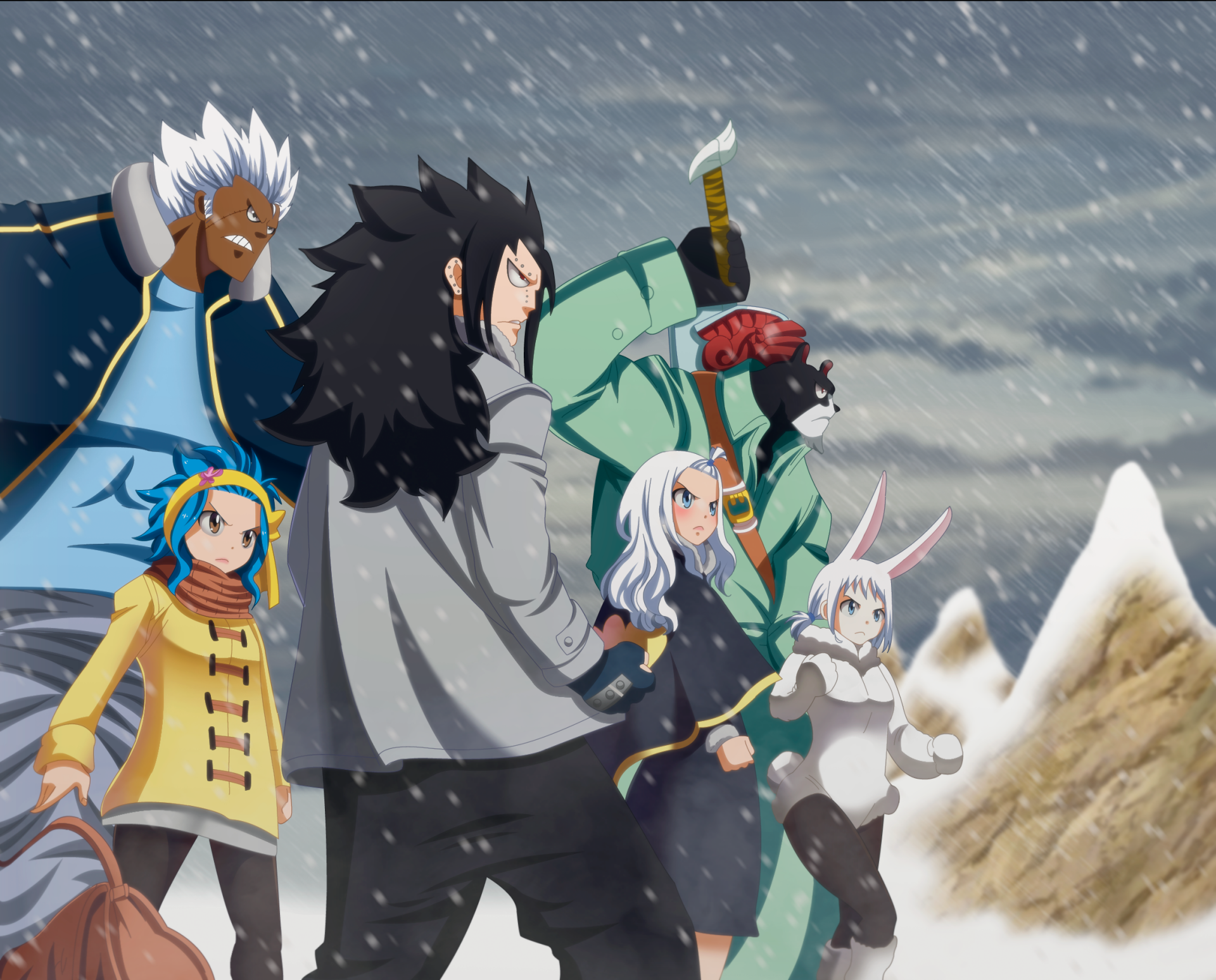 HD Anime Fairy Tail desktop wallpaper featuring six characters standing together in snowy weather, showcasing diverse designs and dynamic poses typical of the series.