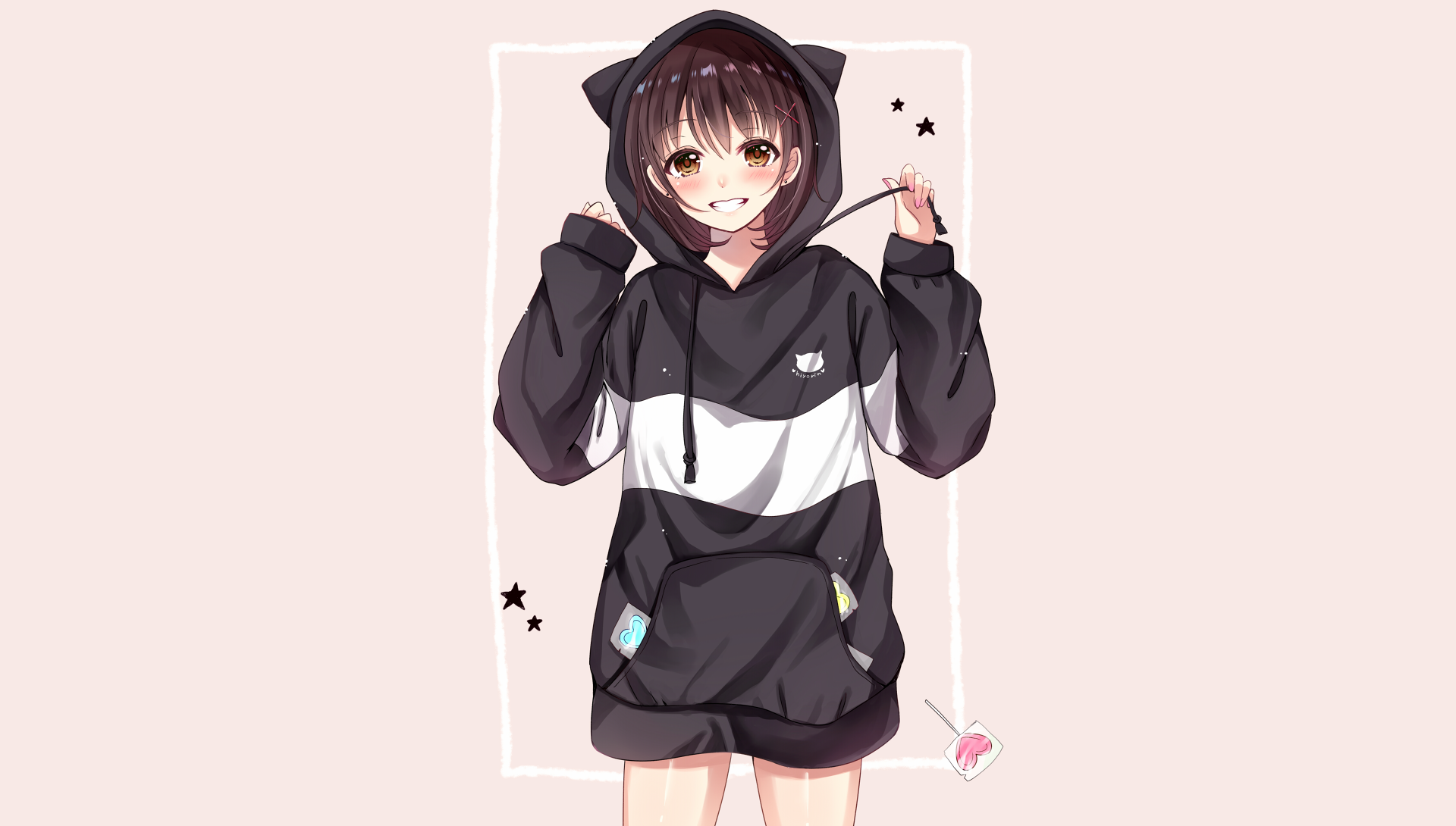 Anime-style girl in a black and white hoodie with cat ears, smiling and playfully holding the drawstring. A vibrant HD PC desktop wallpaper and background featuring original art.