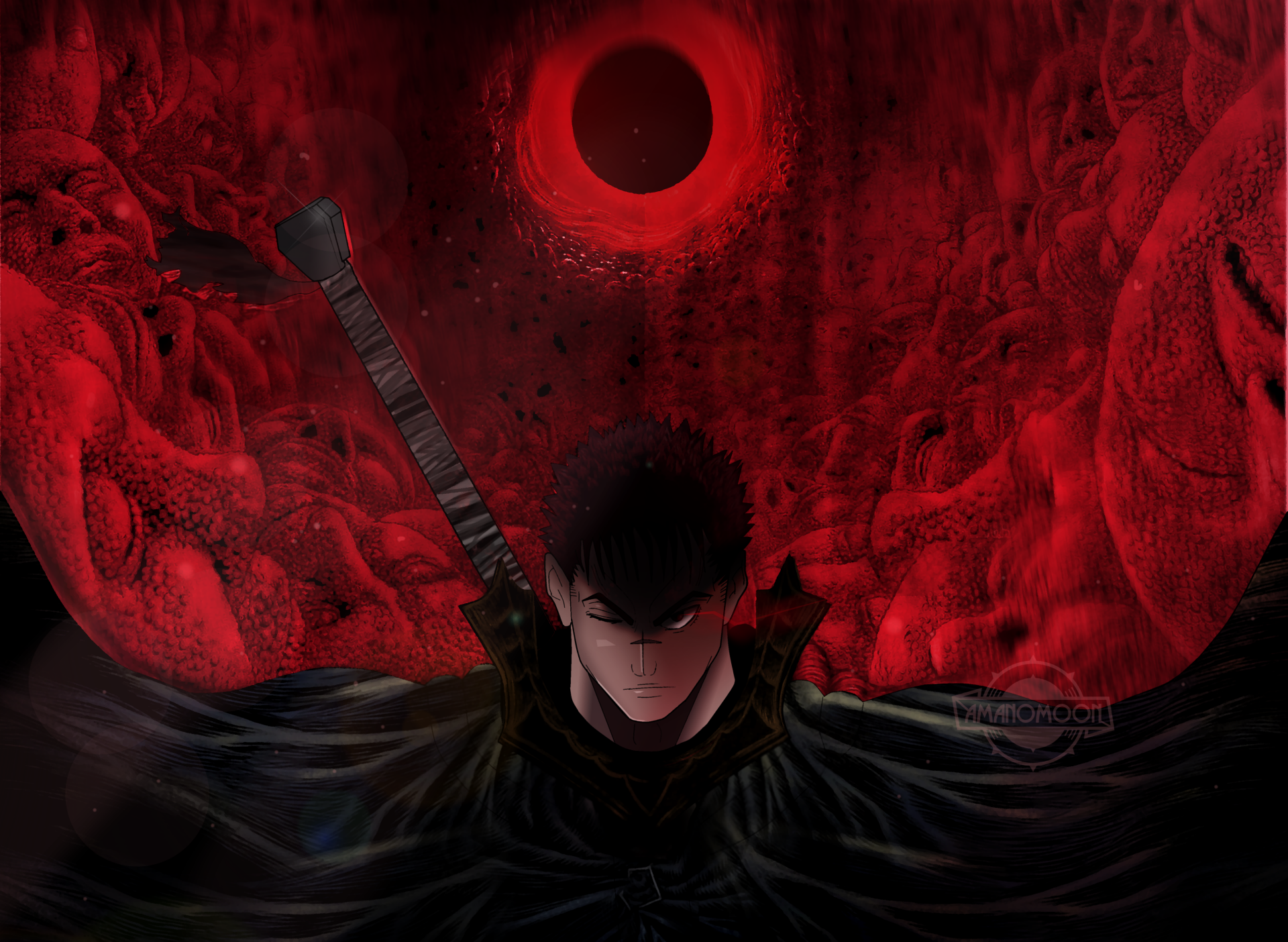 HD PC wallpaper featuring Guts from the anime Berserk (2016), set against a dark, intense red background with demonic imagery.