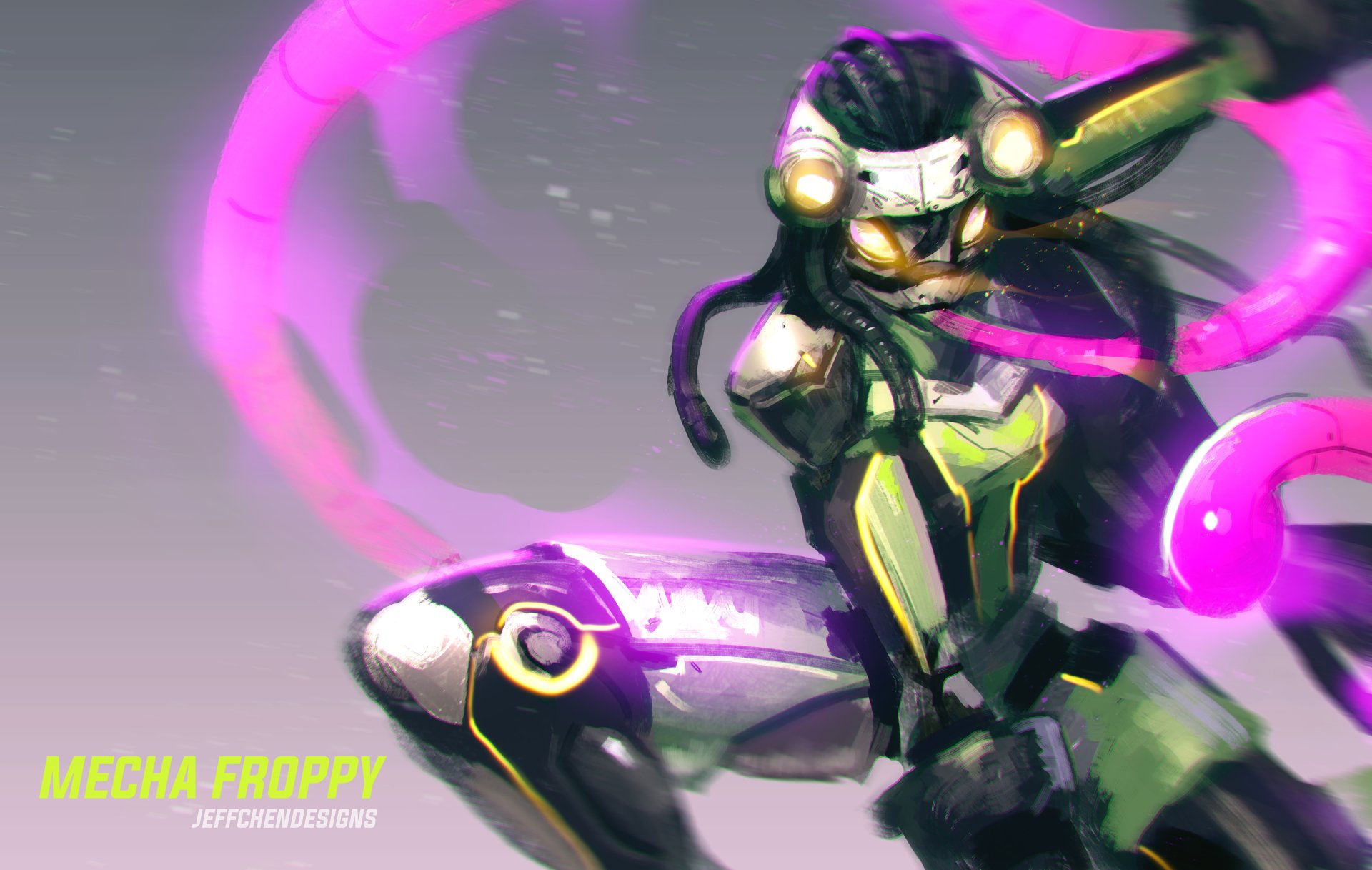 HD desktop wallpaper featuring Tsuyu Asui from My Hero Academia in a mecha suit, with vibrant colors and an action pose. Text in the bottom left corner reads MECHA FROPPY.