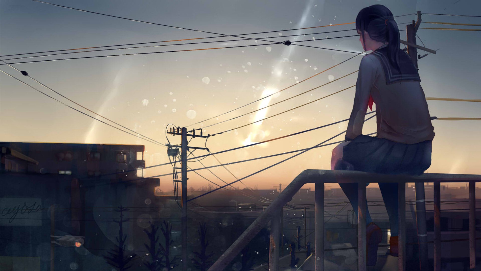 A girl with long brown hair in a ponytail sits on a rooftop at sunset, overlooking a city. This anime-style HD desktop wallpaper evokes a serene and reflective atmosphere.