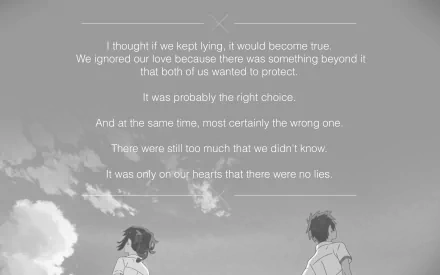 HD anime desktop wallpaper of Taki Tachibana and Mitsuha Miyamizu from Your Name, standing apart under a cloudy sky with a centered romantic quote.